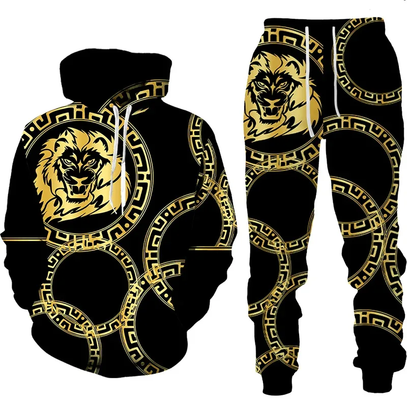 3D Luxury Golden Chain Leopard Print Men\'s Hoodie Suit Casual Unisex Sportswear Pants 2pcs Sets Fashion Hooded Sweatshirt Outfit