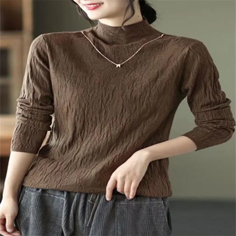 

Women's Pure cotton Sweater Basic Knitted Pullover Mock collar Long Sleeve Bottoming Top Solid Soft Knitwear Jumper Sweater