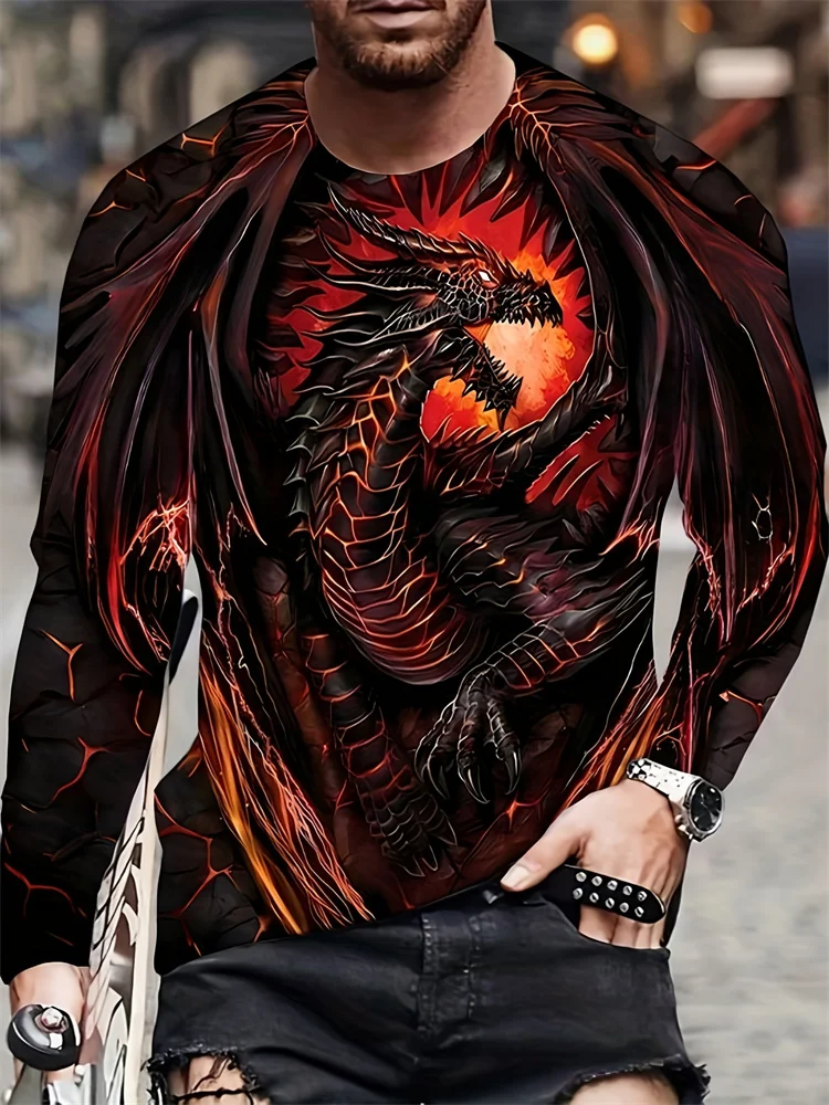 3D Dragon Print Men's Long Sleeve T-shirt Autumn Daily Street Men's Fashion Long Sleeve T-shirt Urban Casual Long Sleeve Top