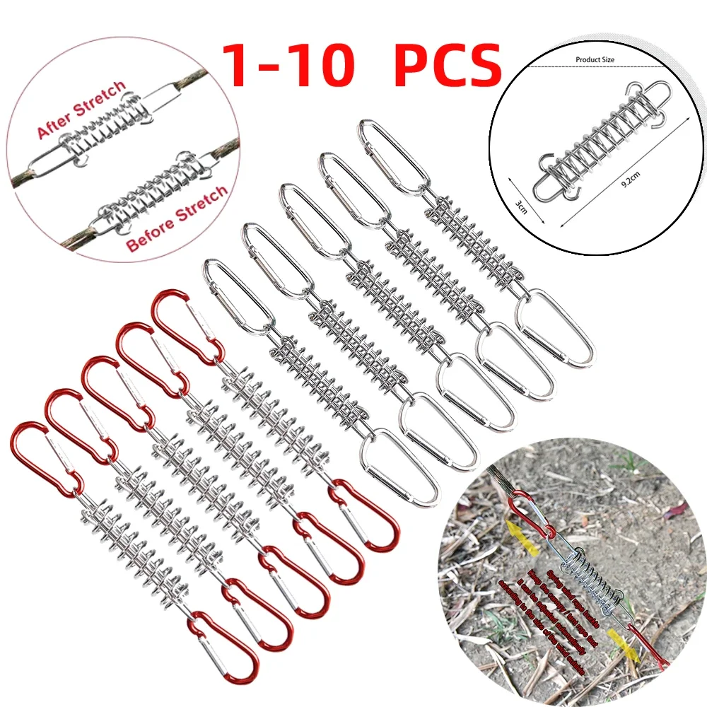 1-10Pcs/set Steel Tent Wind Rope Spring Buckle Tent Tensioner Camping Deck Pegs with Carabiner Clips Awning Tightener Fixed Hook