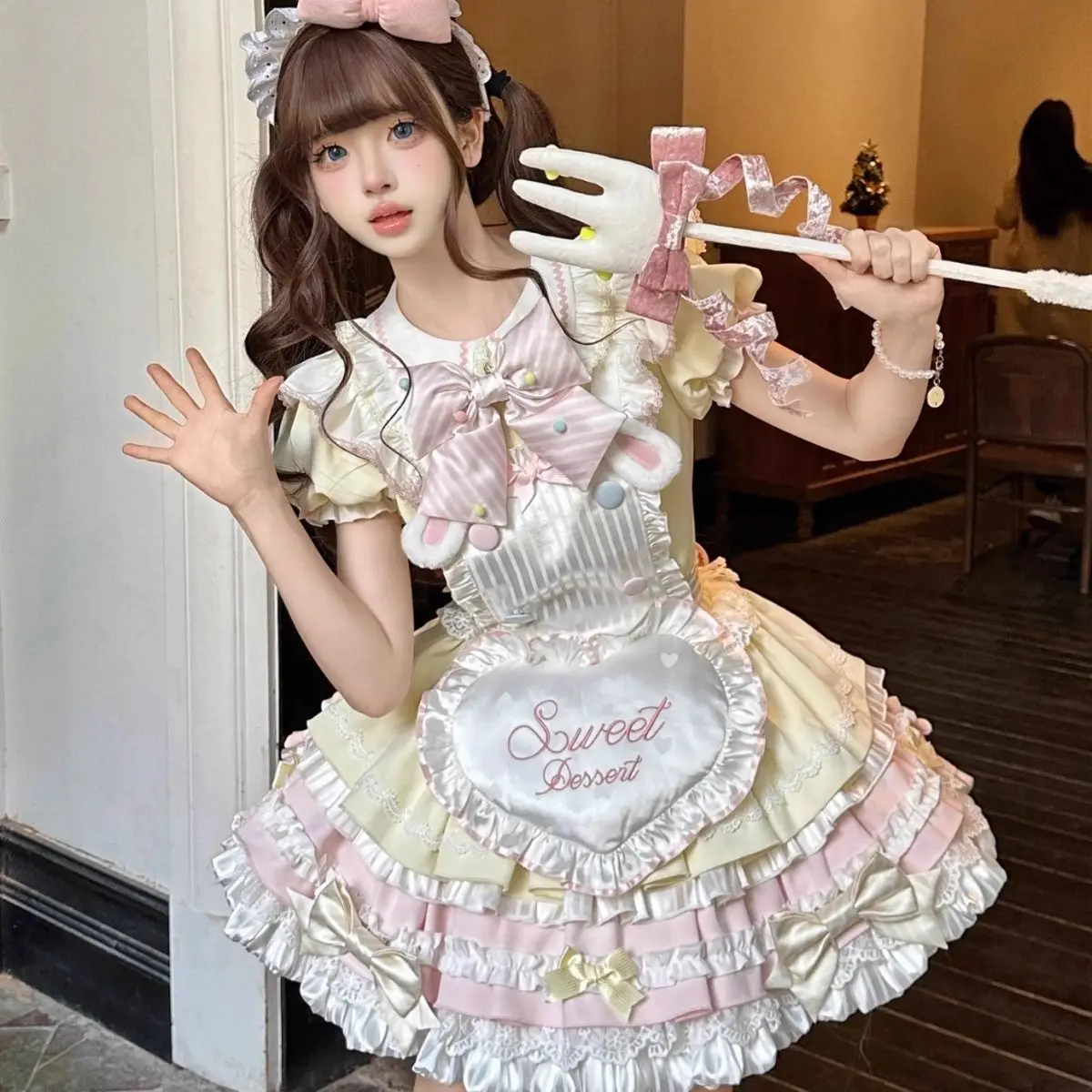 

Japan Cute Soft Lolita Dress Two-Piece Set Sweet Rabbit Cute Chef OP Apron Double Layer Fur Ball Bow Princess Dress