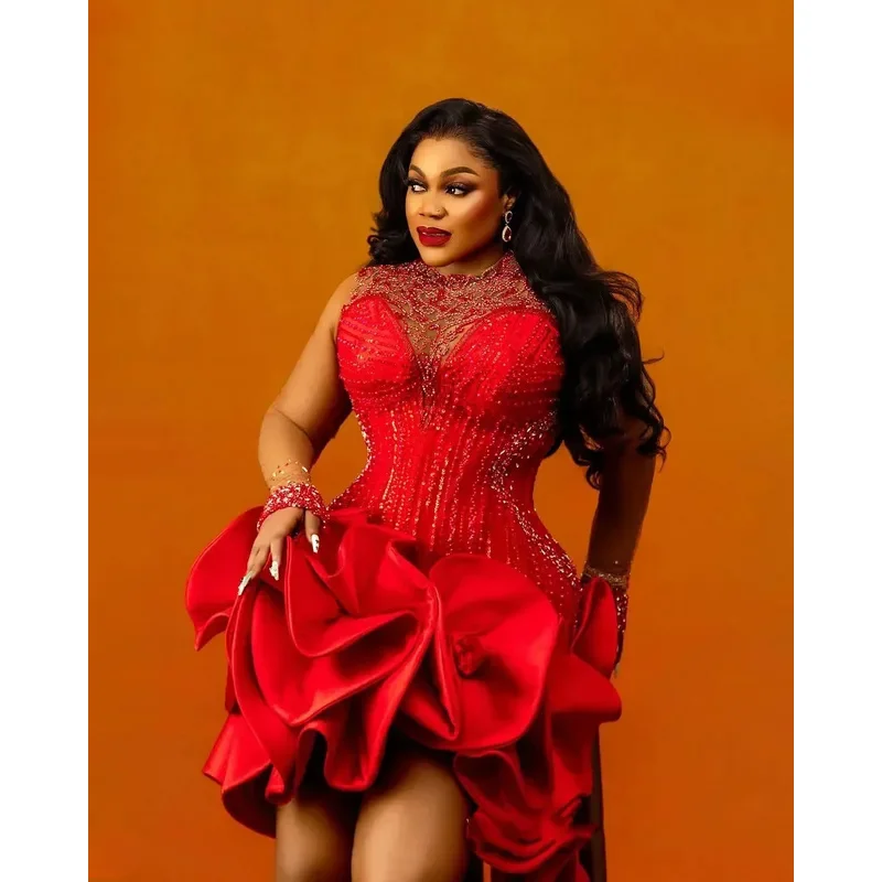 Customized Red Prom Dress with Sleeves Long Taffeta Tiered Asymmetrical Floral Sequined Beaded Evening Party Gown Wear