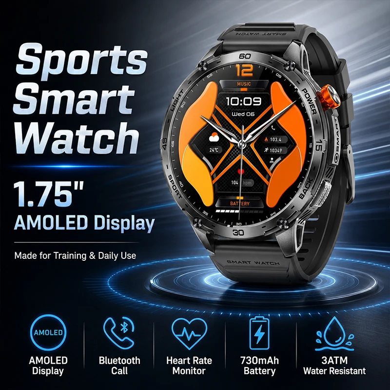 

2026 Sports Health Smart Watch with 1.75" AMOLED Screen Heart Rate Health Monitoring Bluetooth Call 3ATM Waterproof Smartwatch