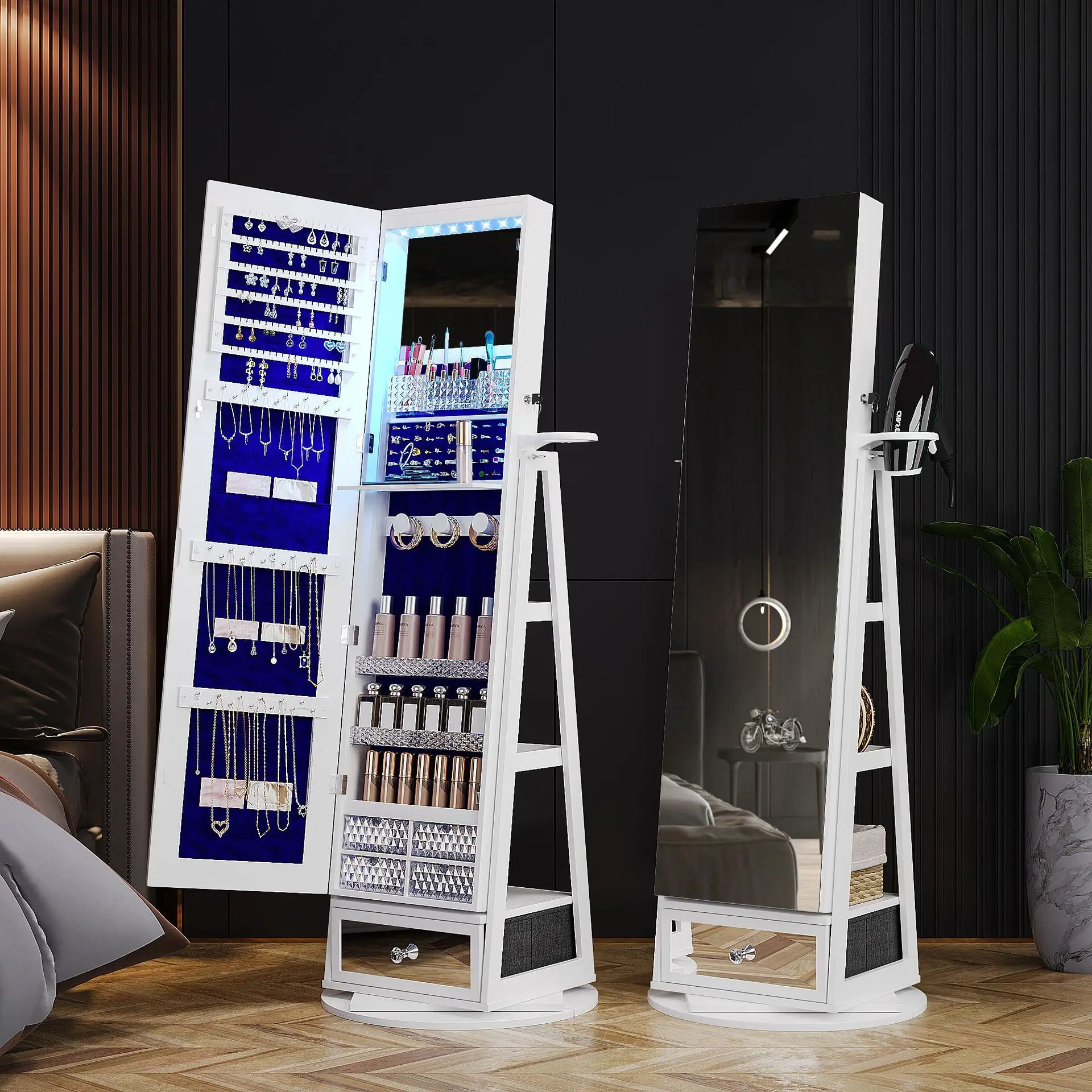 HYS Floor Mirror Cabinet Foldable Makeup Rack 360° Rotatable Organizer