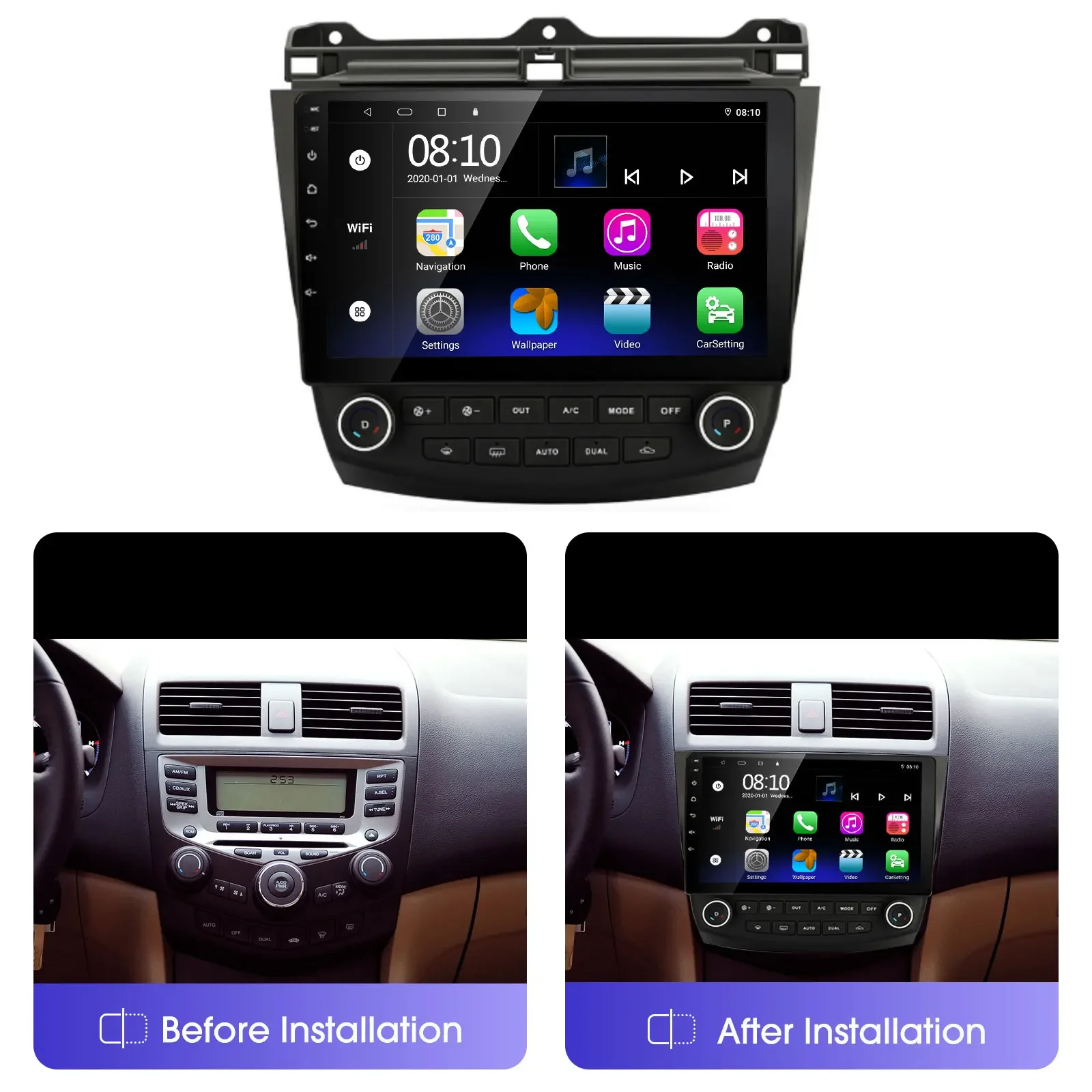 Estéreo do carro de Android para Honda Accord 7th 2003-2007, Carplay e Android Auto integrados, navegação GPS com tela de toque capacitiva de 10 polegadas