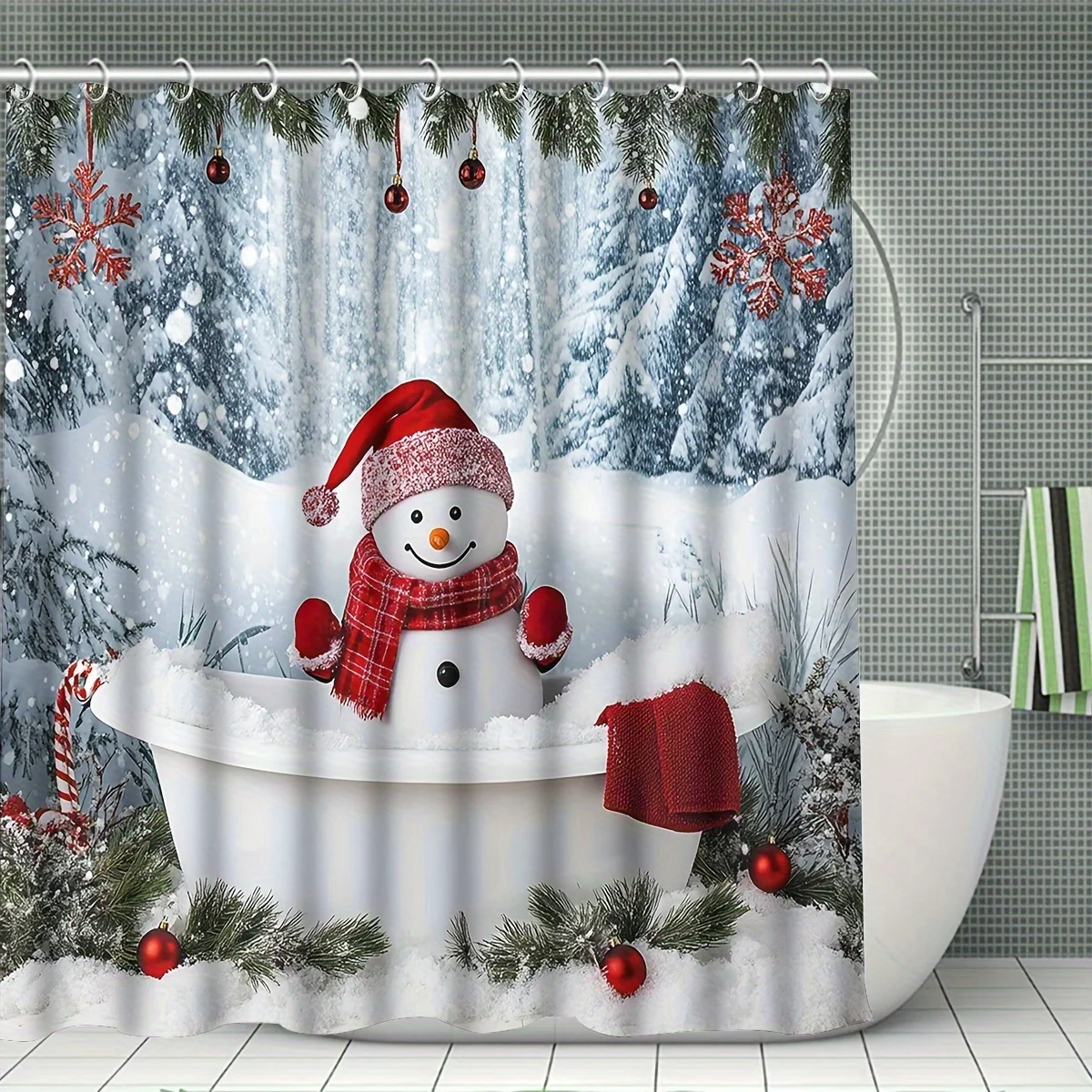 4pc Snow Christmas Shower Curtain Set, Xmas Themed Bathroom Decor, Machine Washable, 12 Hooks Included