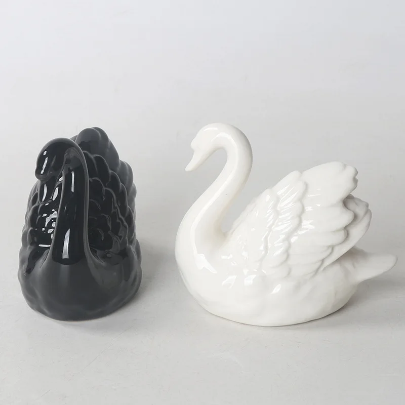 Modern simple black and white couple swan ceramic small ornament wedding gift, home wedding room decoration ceramic