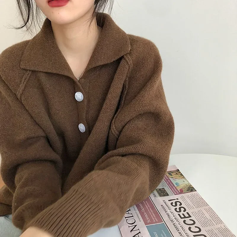 

Women Clothing Autumn Winter Fashion Korean Button Solid Color Turn-down Collar Knitting Female Temperament Sweater Cardigan Coa