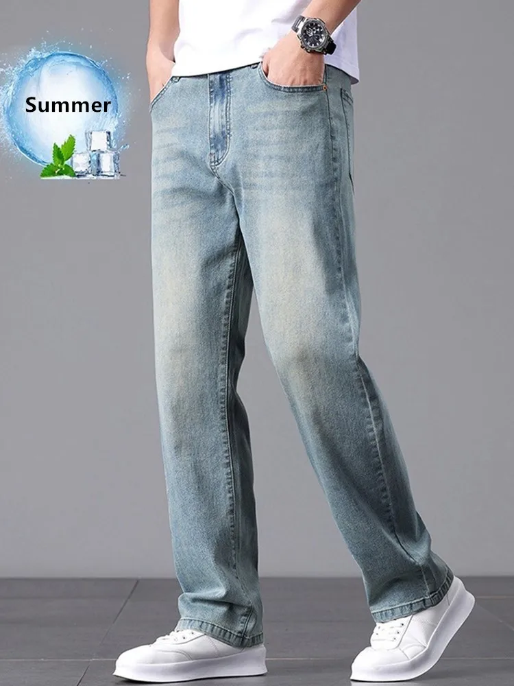 

Men Summer Jeans Thin Summer Straight Loose Lightweight Breathable Classic Male Cool Plus Size 40 Stretched Pants Denim Trousers