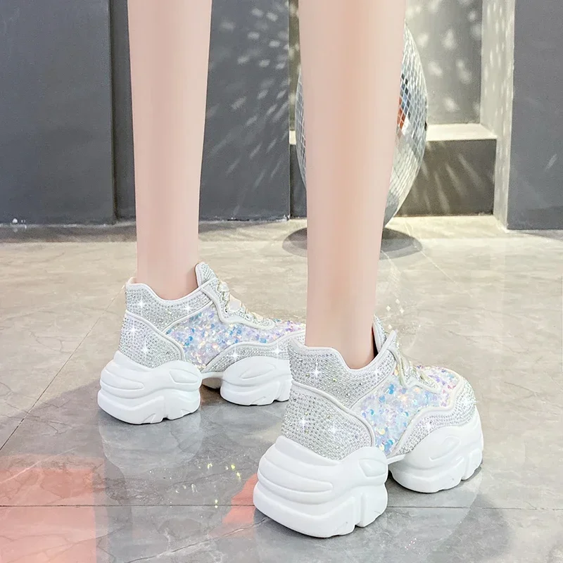 Fashion Shiny Ladies Platform Shoes Sneakers Women Trend 2023 New Spring Platform Lace Up Rhinestone Women Casual Shoes