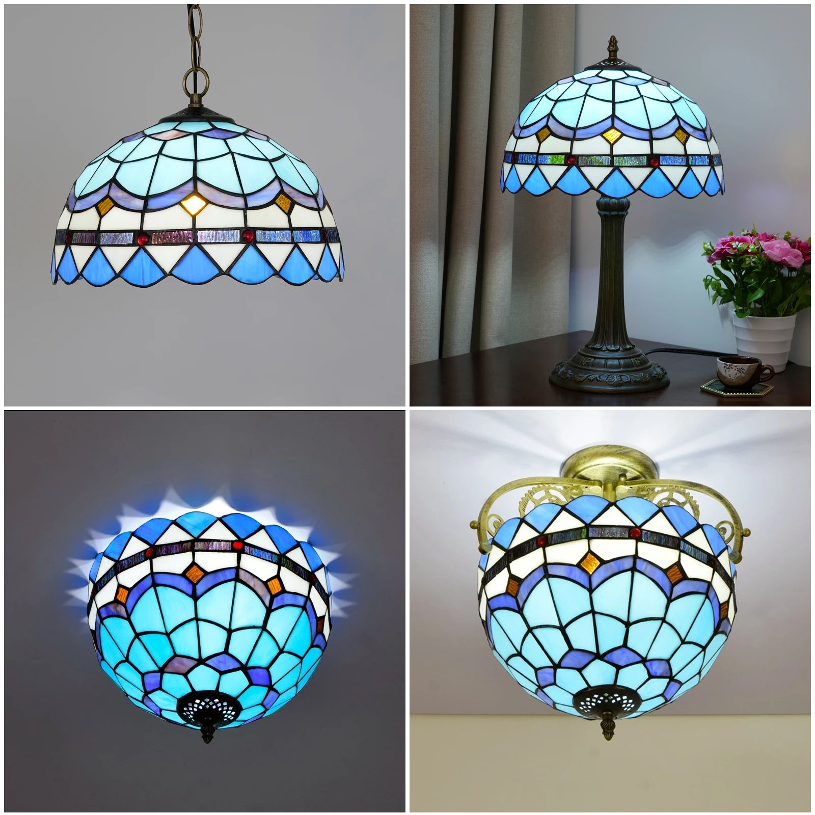 Blue Mediterranean Style Lamp Shade 12 Inches Wide Accessories Replacement Light Tiffany Stained Glass Lampshade for Table Lamp