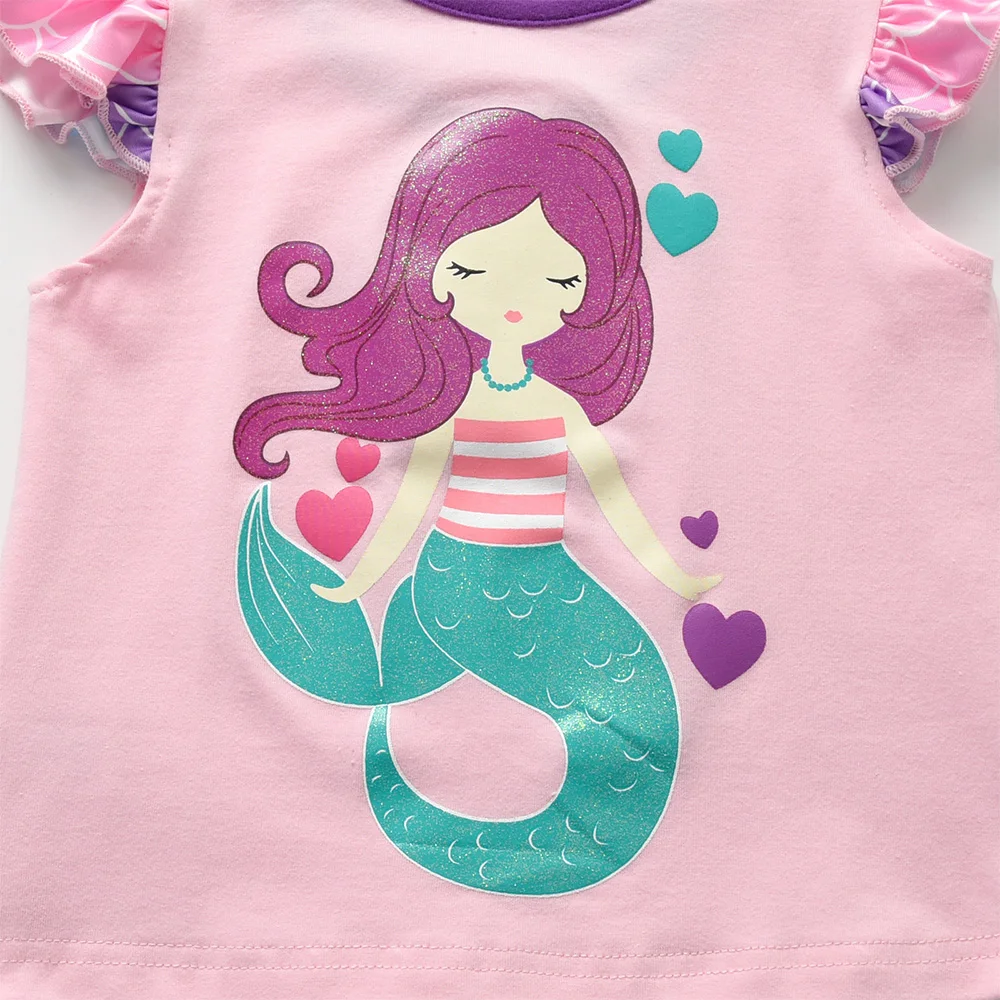 VIKITA Girls Mermaid Print Cartoon T Shirt Kids O Neck Flare Sleeve Cotton Casual Tops and Tees Girls Pink Daily School Clothes