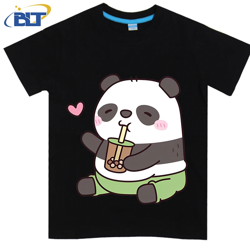 Panda gordinho infantil impresso algodão camiseta de manga curta, bonito ama chá de bolha, tops casuais, adequados para meninos e meninas, verão