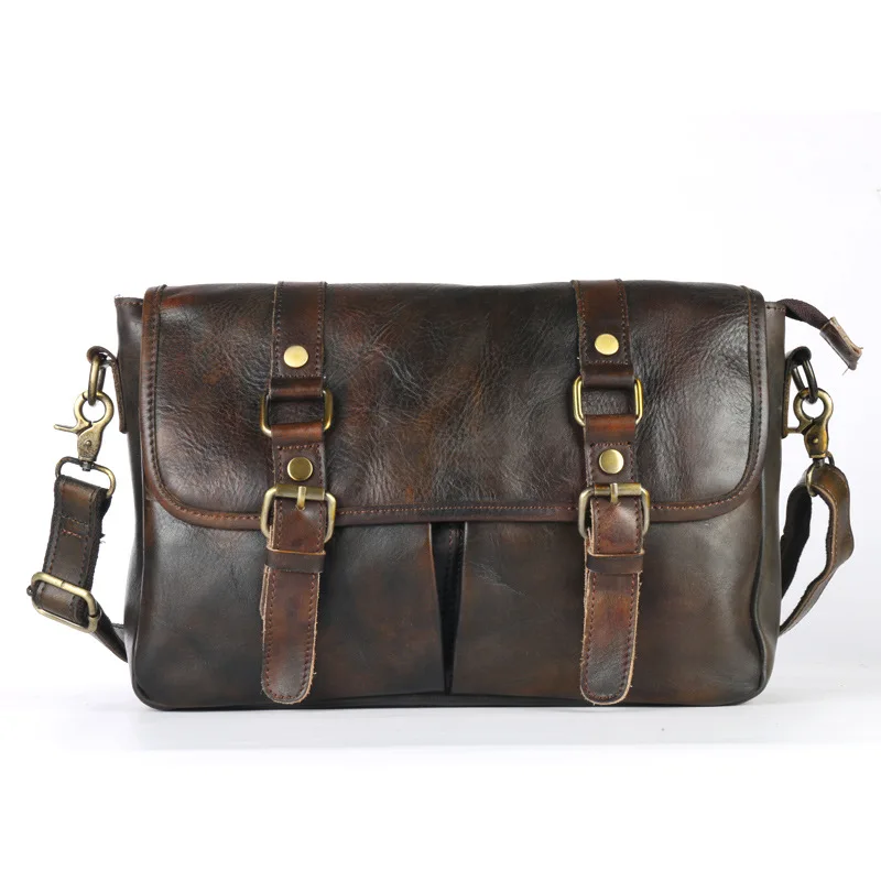 

Vintage Genuine Leather Shoulder Bag For Men Business Casual Crossbody Bag Male Double Layer Large Capacity Briefcase Gray M545