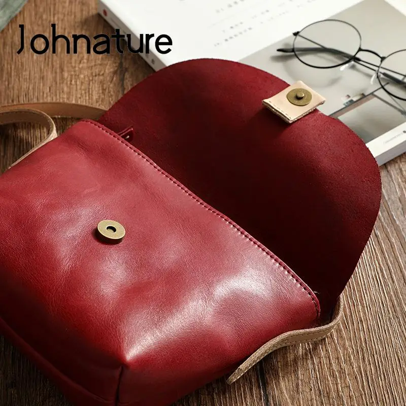 Johnature Simple Natural Soft Cowhide Women Bag 2024 New Vintage Genuine Leather Handmade Solid Color Shoulder & Crossbody Bags