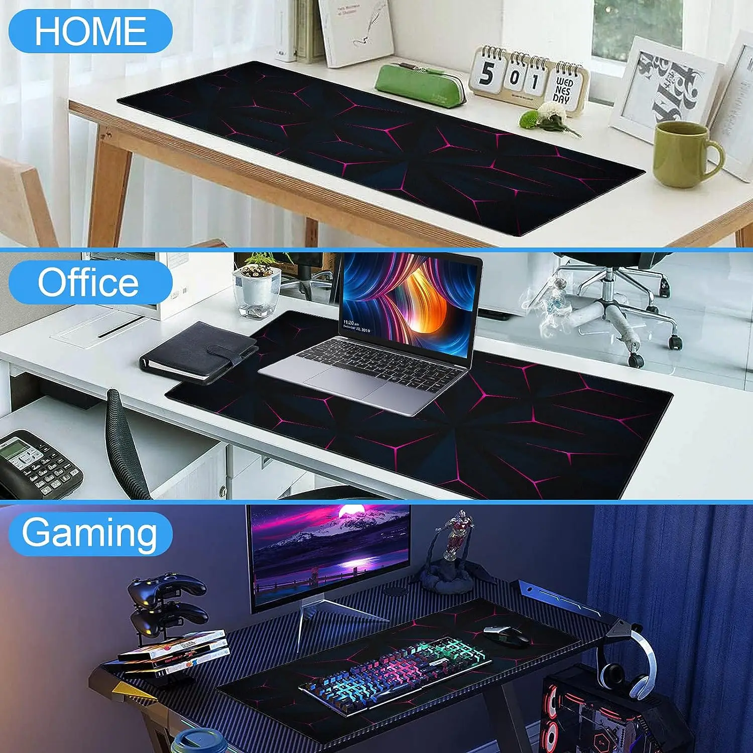 Purple Abstract Geometric Lines Mouse Pad Gaming Non-Slip MousePad Extended XXL Large Full Keyboard Mouse Pad 31.5 x 11.8 Inches