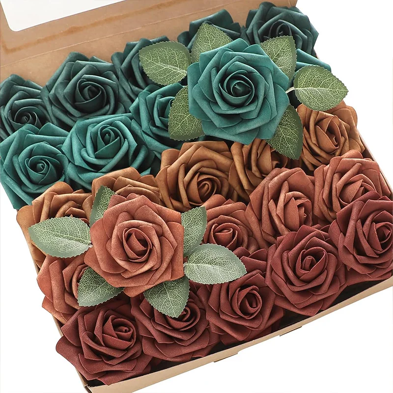 Artificial Flowers 25pcs Real Looking Teal Green Terracotta Ombre Colors Foam Fake Roses with Stems for DIY Wedding Bouquets Bri