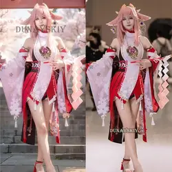 Costume de Cosplay Anime Genshin Impact Yae ata ko Guuji pour Femme et Fille, Costumes d'Halloween, Perruque pour Adulte