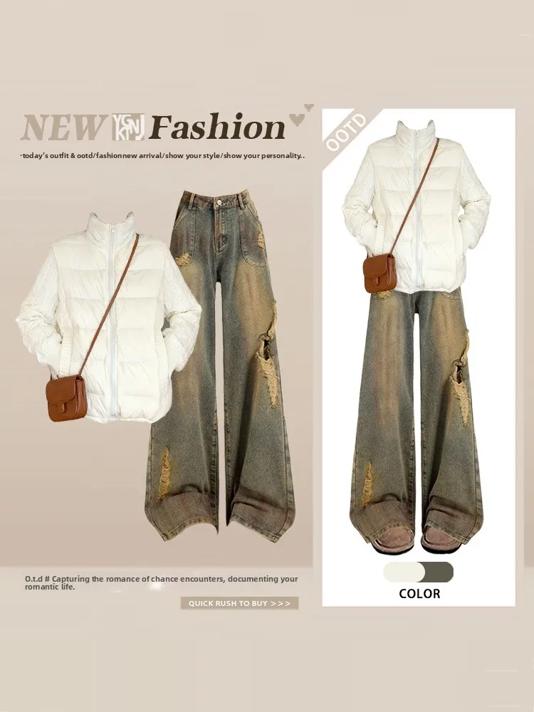 

Американский комплект джинсовых брюк с дырками в стиле ретро, женский зимний очень привлекательный свободный тонкий хлопковый комплект, цельный комплект с высокой талией, длинный слэ...