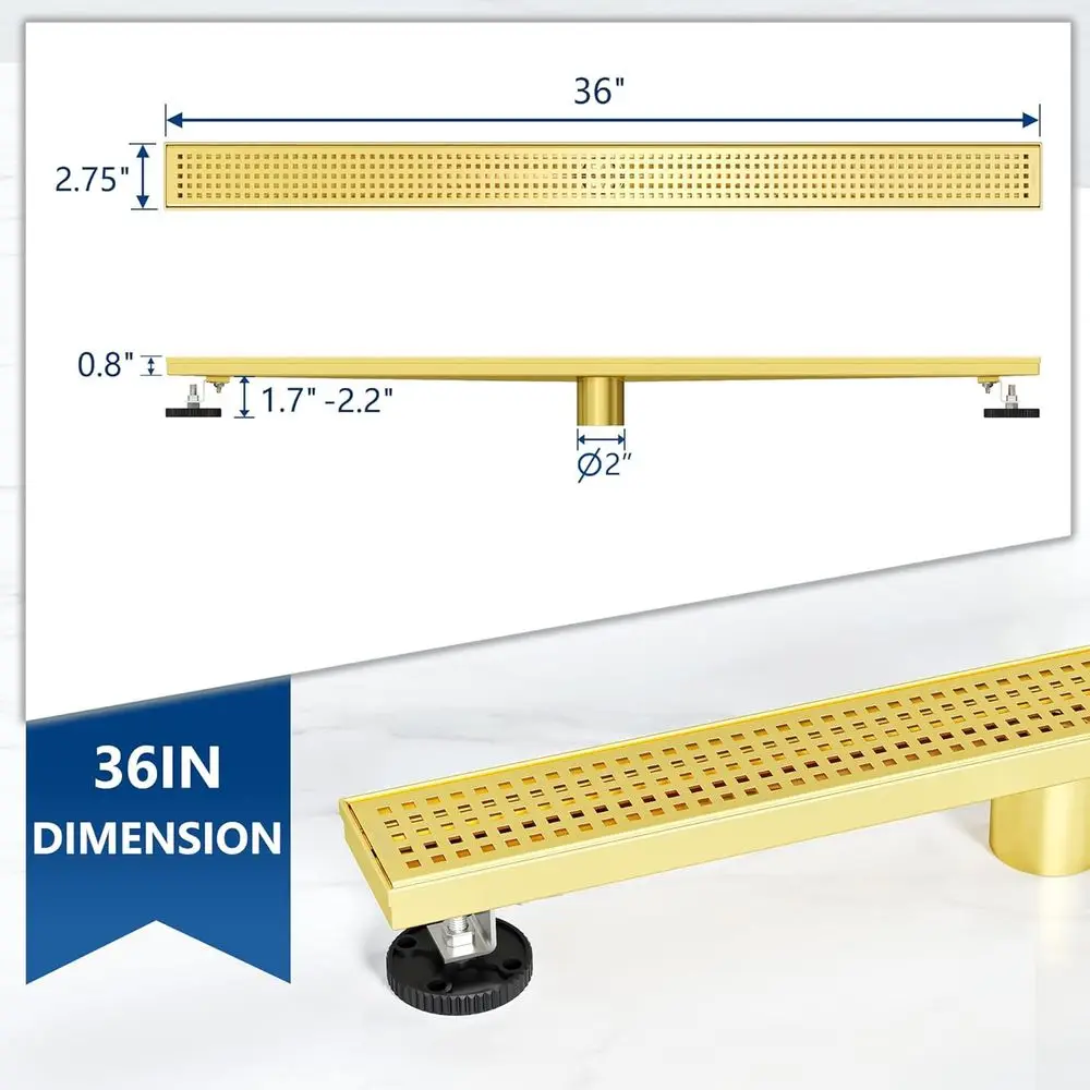 ท่อระบายน้ำฝักบัวแบบเส้นตรงสีทองเหลืองขัดเงา 36 ชิ้น พร้อมตะแกรงแบบถอดได้และตัวกรองเส้นผม