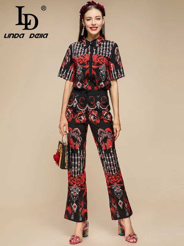 LD LINDA DELLA Summer Runway Fashion Black Pants Set Women Short sleeve Printed Tops and High waist pants 2 Pieces Set