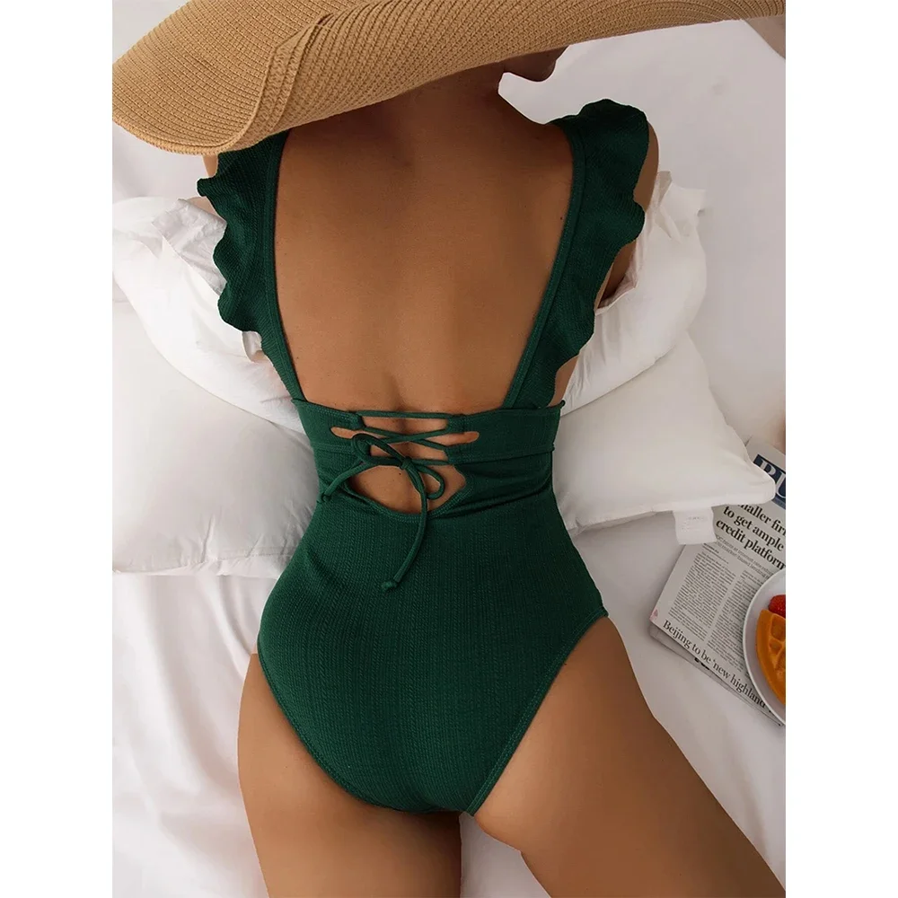 2025 New Sexy Ruffle One Piece Swimsuit Off The Shoulder Print Floral Swimwear Women Solid Deep-V Bathing Suits Summer Beachwear