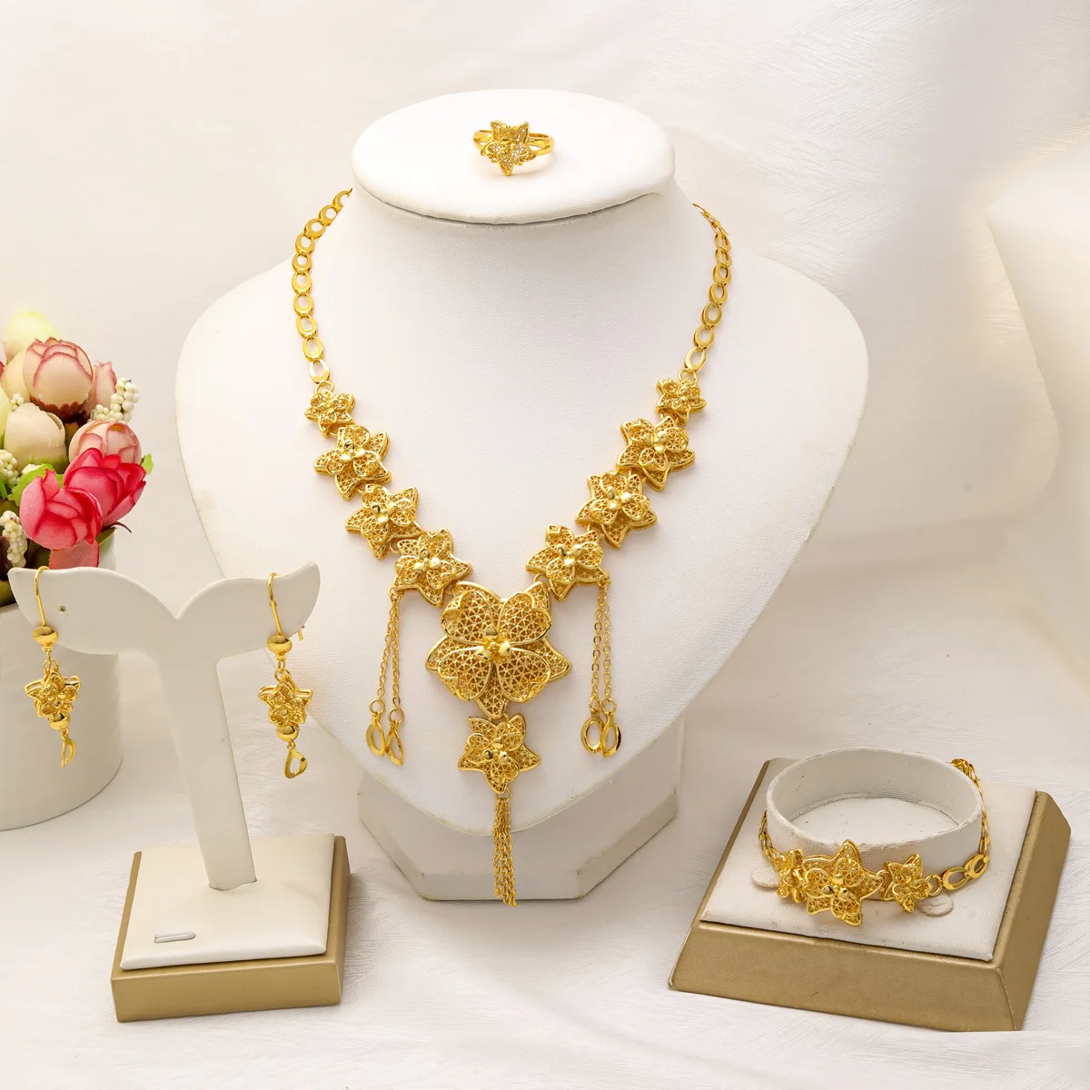 Liffly Indian Dubai Luxury 24k Gold Plated Necklace and Earrings Jewelry Sets For Women Ethiopian Bridal Set Wedding Party Gifts