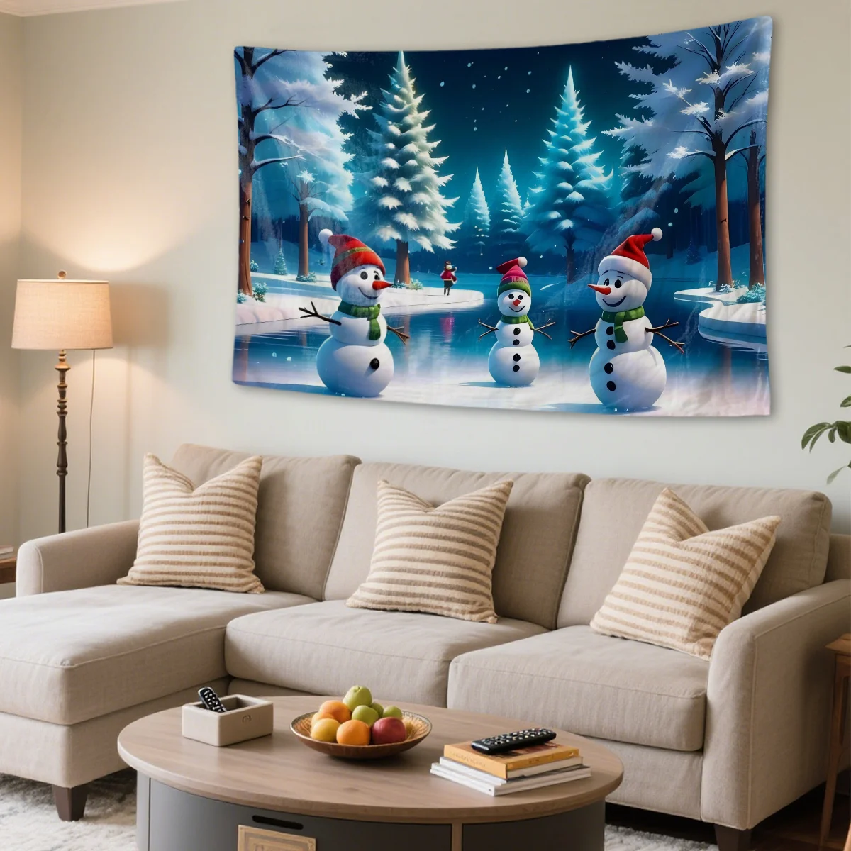 1pc Snowmen in Winter Forest Scene Tapestry - Vertical Polyester Wall Hanging with Free Mounting Accessories, Snowy Landscape wi