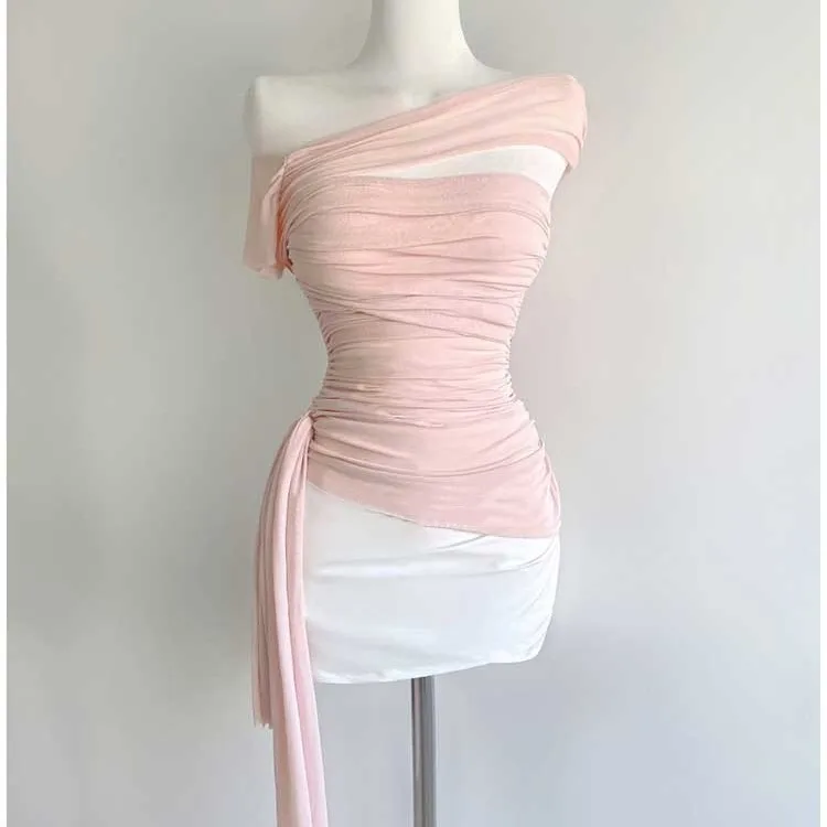 Sexy Dongdaemun Spring Summer New Style Mesh Slim Fit Bodycon Light Pink Asymmetric Shoulder Bared T-shirt Women's Top