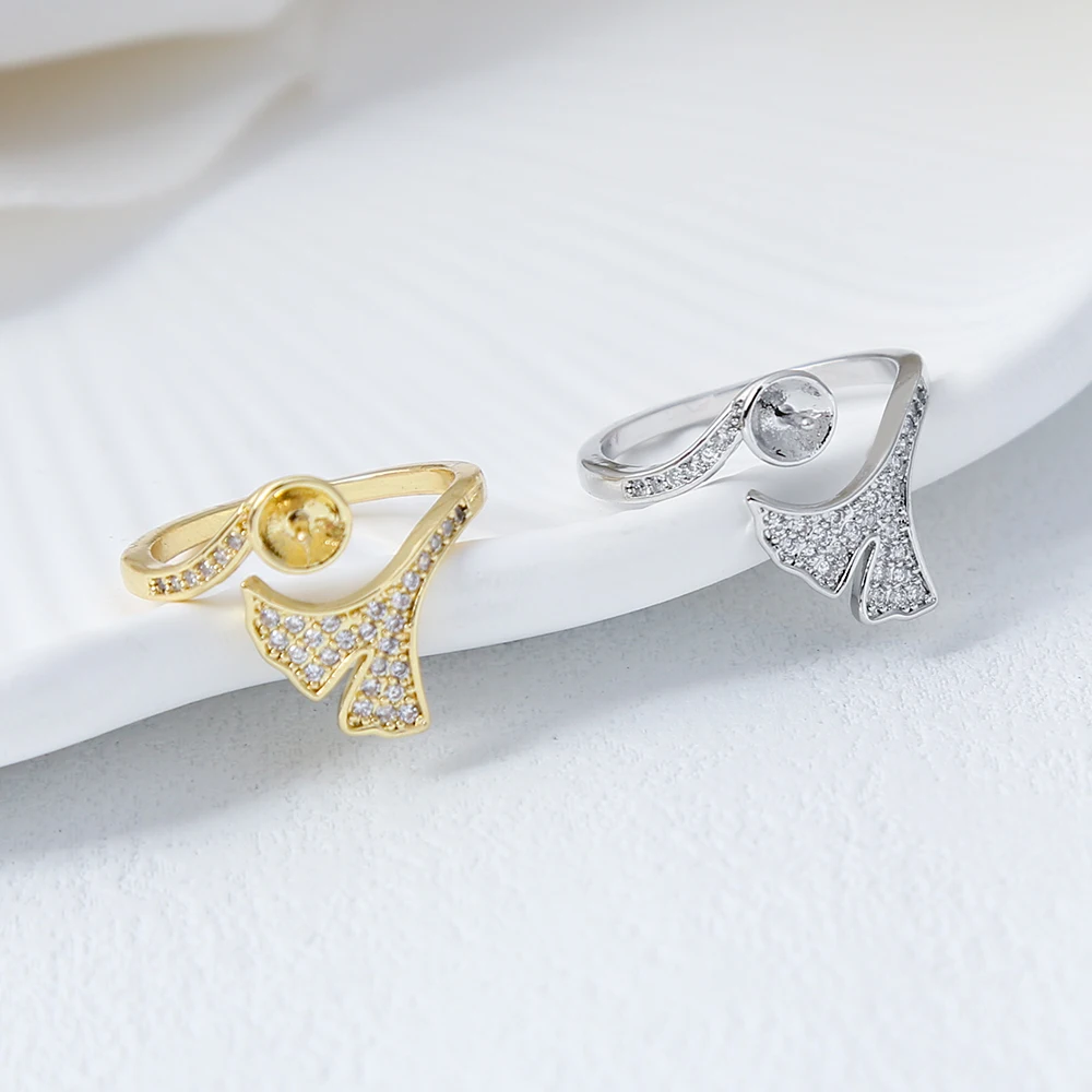 Zirconia Adjustable Ginkgo Leaf Opening Ring Settings Brass Gold Plated Half Mount Plant Rings For DIYJewelry Making Accessories
