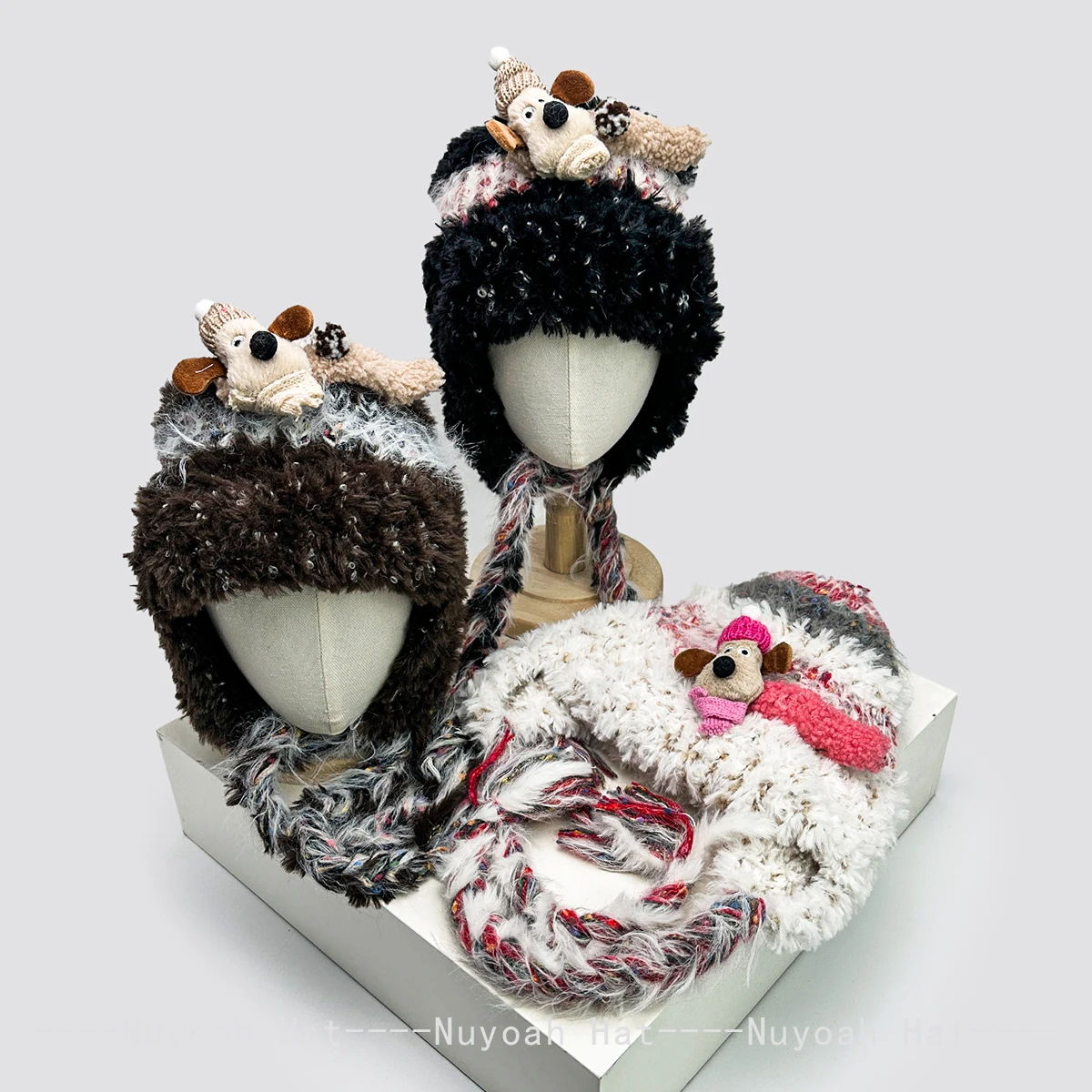 

Autumn and Winter New Women Cartoon Puppy Stripe Plush Hats Warm Outdoor Sunshade Strap Knitted Caps Fashion Versatile Cute ins