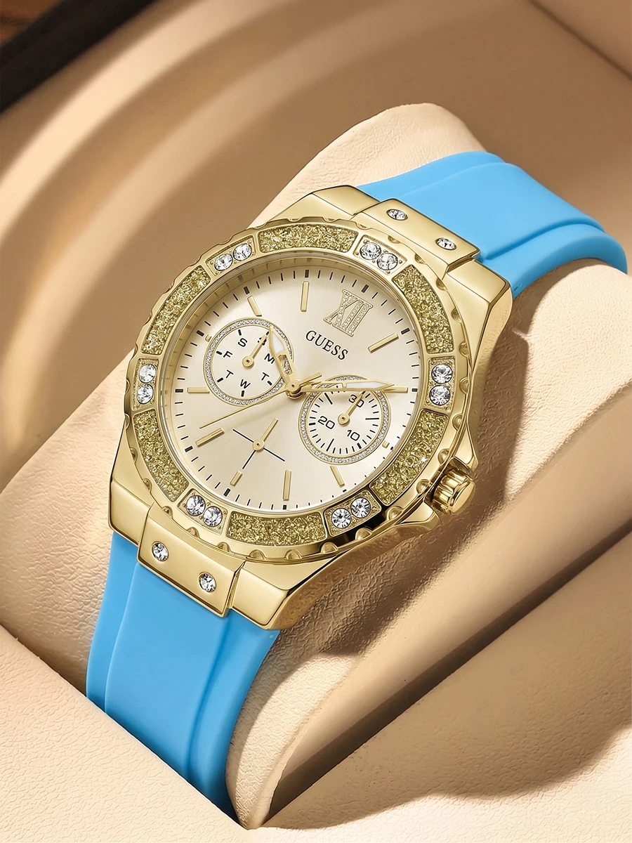 Relógio de Luxo para Mulheres Guess com Cristais e Pulseira de Silicone, Relógio de Pulso à Prova d'Água, Relógio Feminino W1053L6