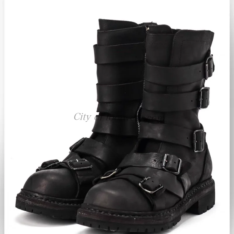 Men and Women‘s real leather buckled belt chelsea boots black flats soft 2026 new in zipper punk mid calf boots designer shoes