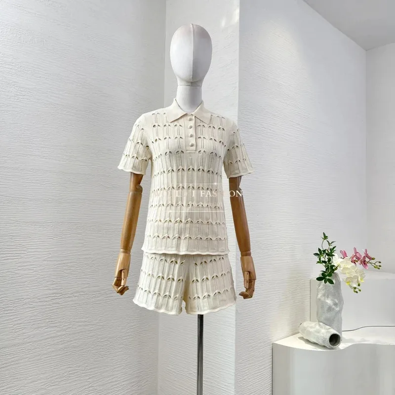 

High Quality Beige Short Sleeve Blouse Tops and Shorts 2 Pieces Sets Womens Outfits