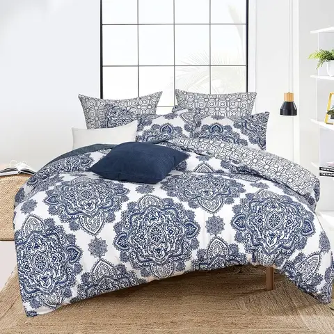 Ultra Soft Paisley Duvet Cover King Size Printed Bedding Set 3 Pieces with Farmhouse Style Design Comfy Royal Blue and White Co