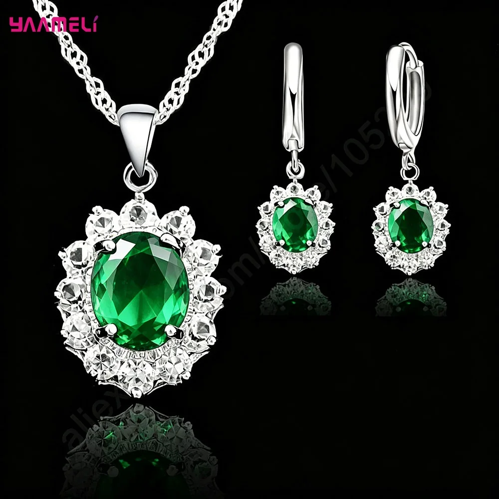 Fine 925 Sterling Silver Jewelry for Women Wedding Classic Princess Oval Cut CZ Crystal Cubic Zircon Necklace Earrings Sets
