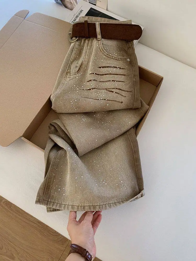American Retro Khaki Starry Sky Star Diamond Wide Leg Jeans Women's Autumn New High Waist Straight Denim Pants Baggy Trousers