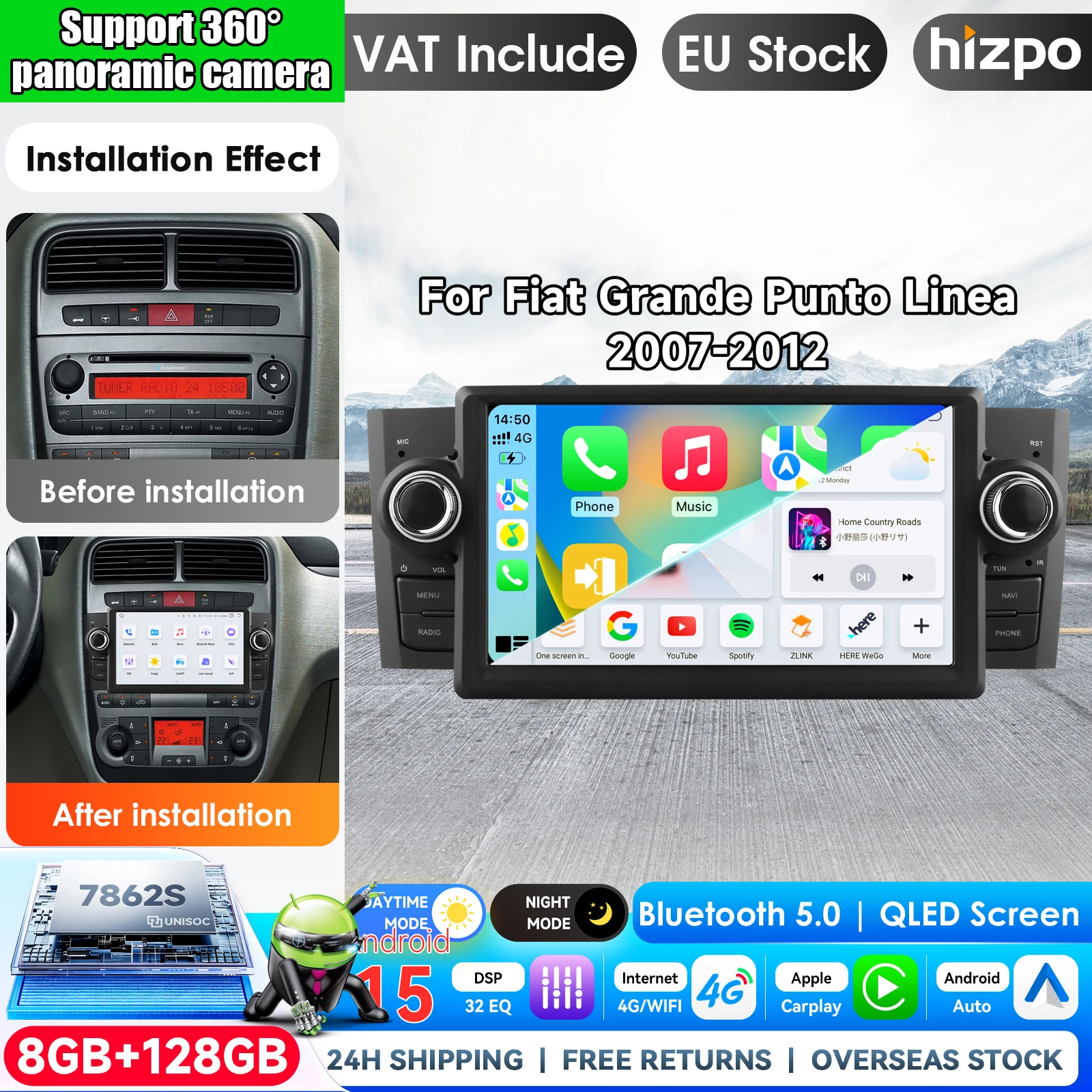 Hizpo Octa Core 7862 7-Zoll-Autoradio für FIAT Grande Punto Linea 2007-2012 Android Multimedia-Videoplayer Navigation GPS Carplay Auto-KI-Intelligentes System Head Unit Autoradio Video Stereo Audio