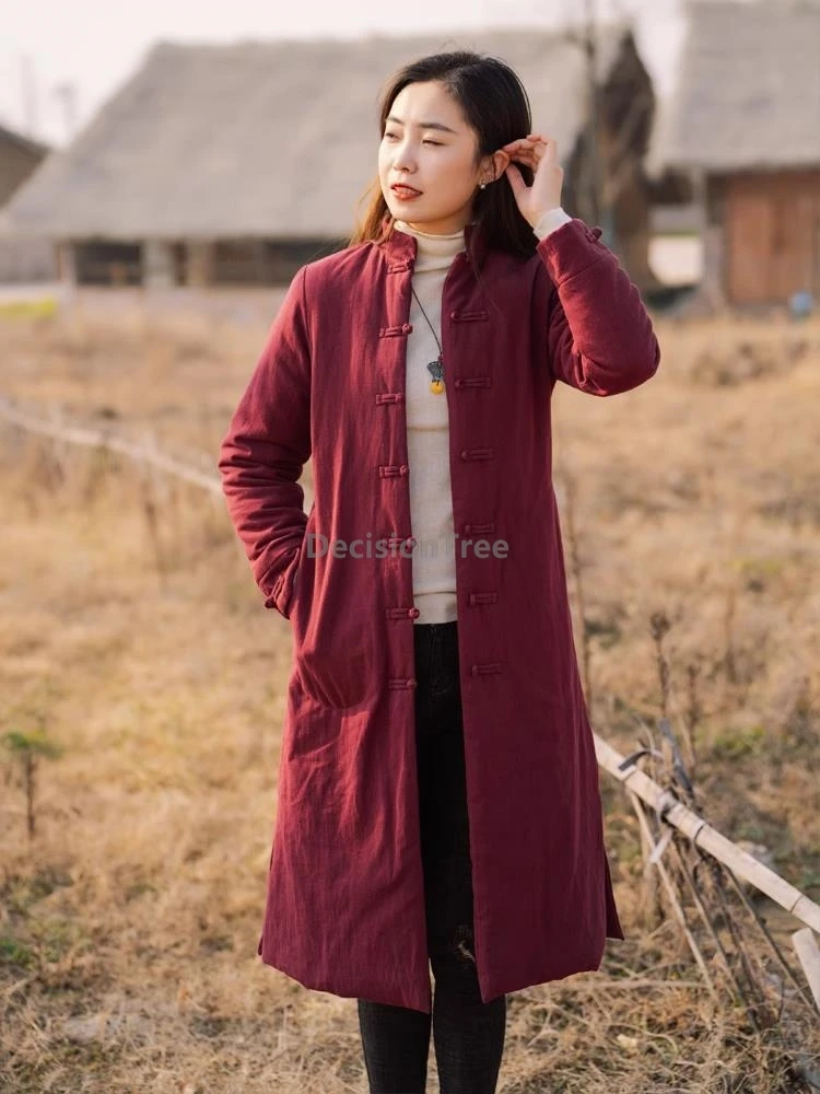 

Осень-зима 2022, новая китайская хлопковая куртка с пряжкой в виде диска, костюм Тан, винтажное длинное хлопковое льняное пальто в этническом стиле, теплое пальто