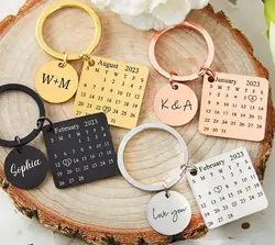 Personalized Calendar Keychain Stainless Steel Engraved Keyring for Special Date Couples Key Ring Anniversary Family Gift