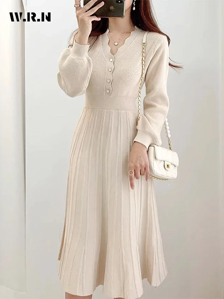 

Elegant Sweet Long Sleeve Solid Slim Fit Knitting Midi Dresses 2024 Winter Women Vintage Casual V-neck Patchwork Sheath Dress