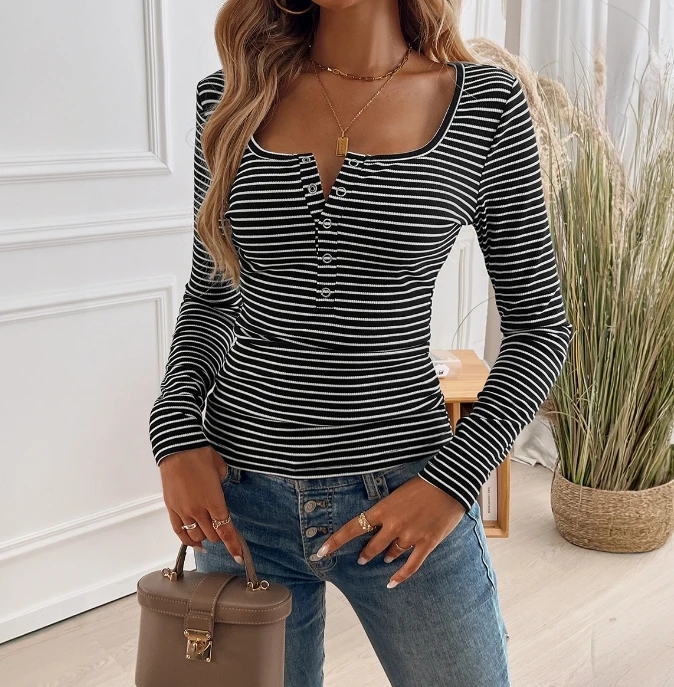 Women's Autumn Fashion New Style Temperament Slim Fit U-Neck Button Striped Long Sleeved Top T-Shirt Shipped Within 48 Hours