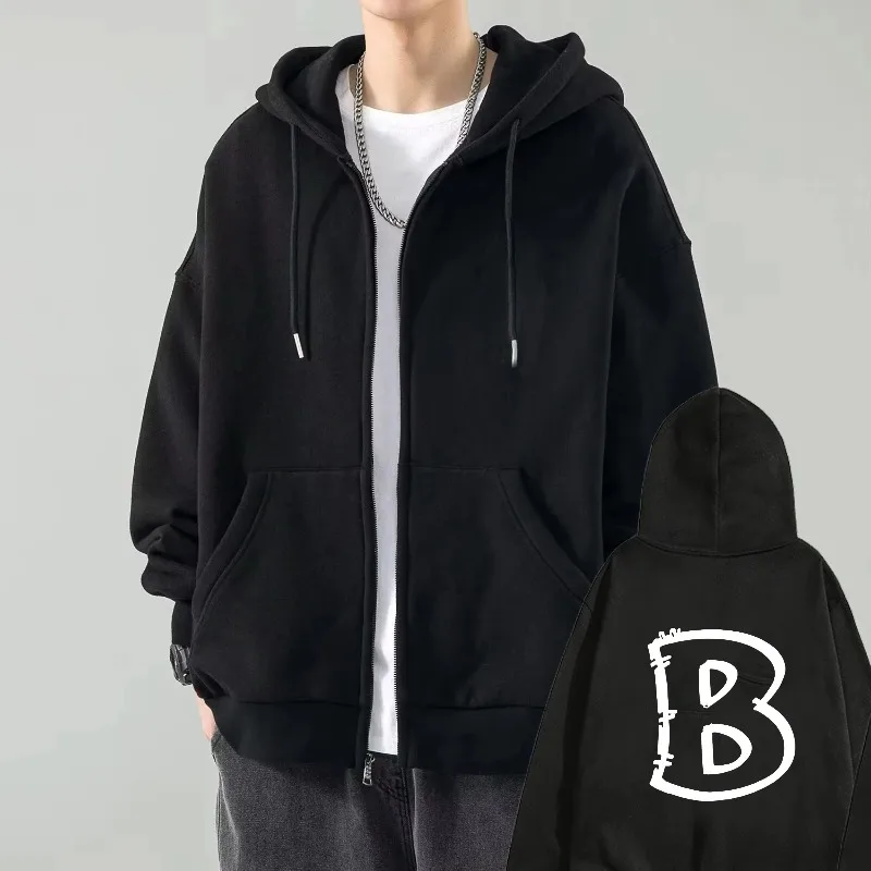 

Men's Hooded Jacket Black Letter B Print Zip-Up Sweatshirt Casual Streetwear for Daily Wear and Outdoor Activities