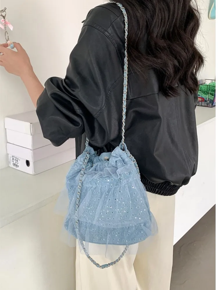 

Sweet Sequin Shoulder Bags Women 2025 New Summer Korean Drawstring Ruffled Edge Chain Underarm Bag Chic Large Capacity Handbags