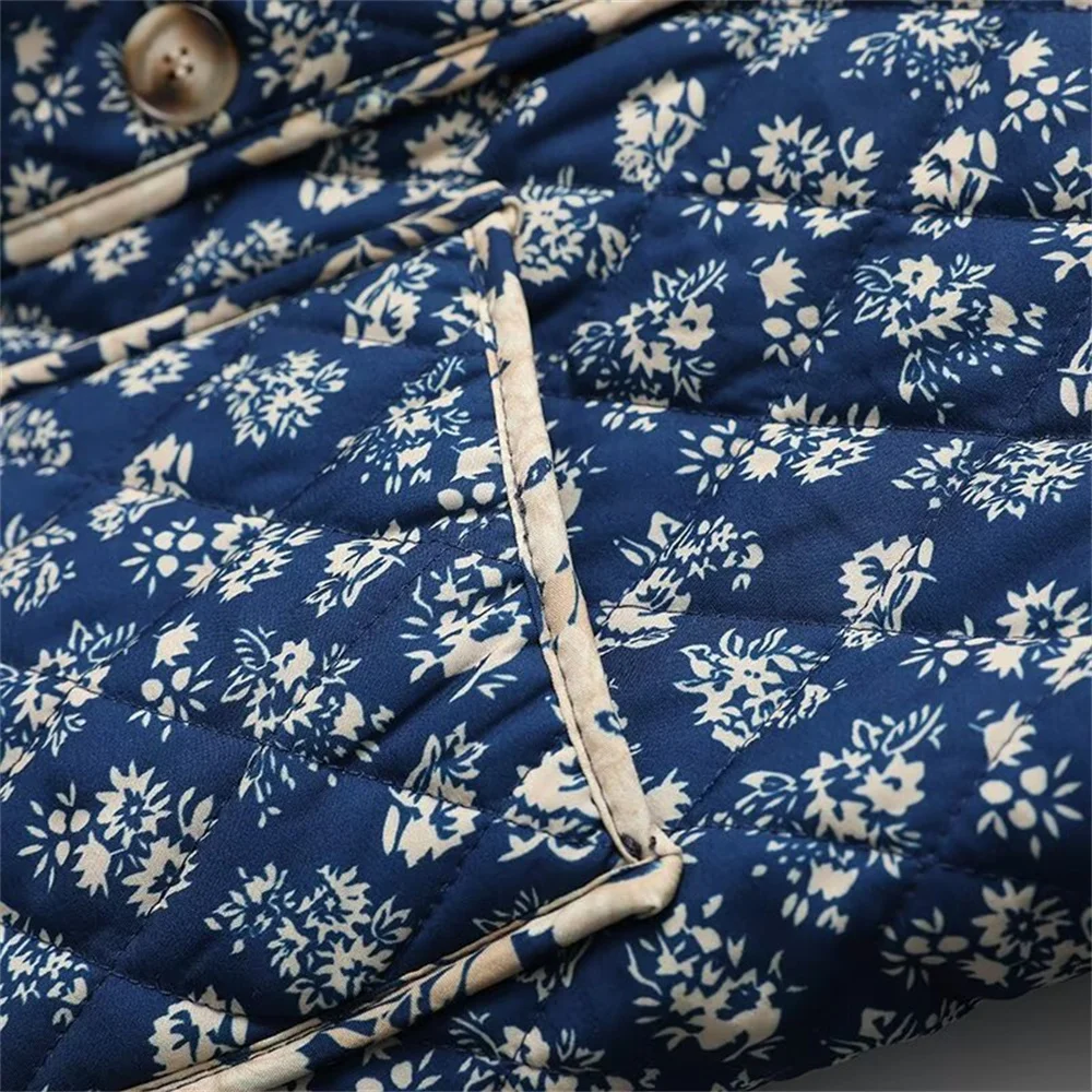 여성용 경량 프린트 코튼 재킷 겨울 신상품 싱글 브레스티드 포켓 장식 라운드 넥 코트