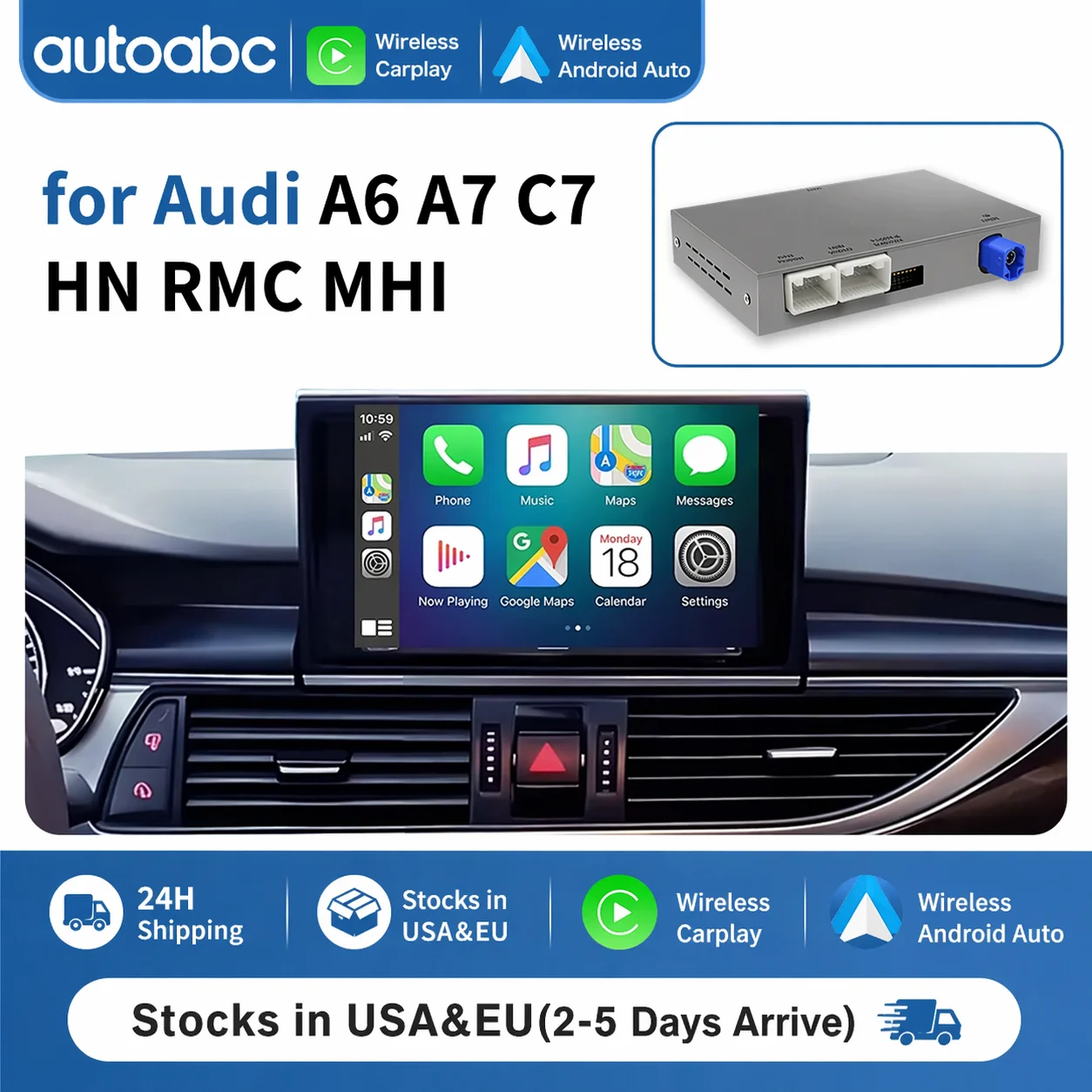 Kabelloser CarPlay Android Auto Interface Adapter für Audi A6 A7 2011-2018 HN RMC MirrorLink Bluetooth GPS-Navigationsmodul