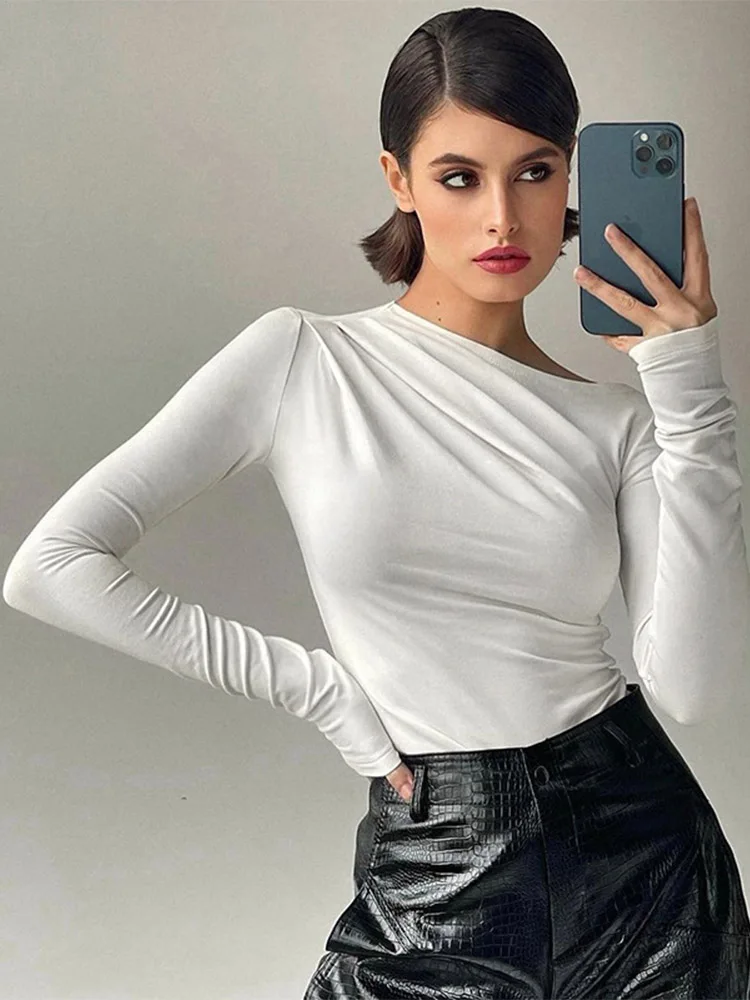 Long Sleeve Top White T-Shirts Women Basic Crop Top Autumn Pollover Solid Skew Neck T Shirt Streetwear Basic Black Y2K Tees