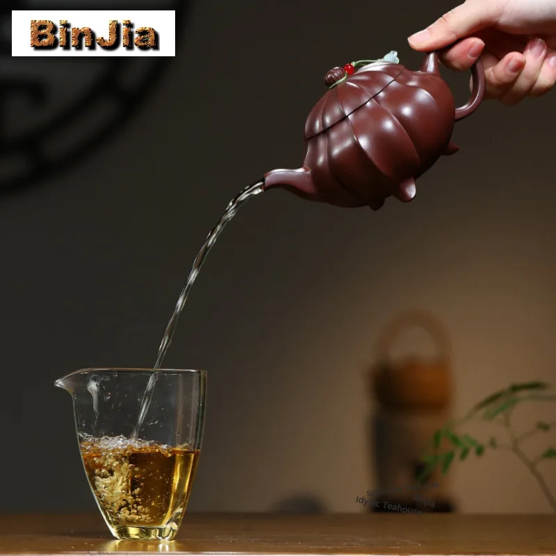 300ml Boutique Yixing Purple Clay Teapots Famous Artists Handmade Tripodia Rib Pot Raw Ore Di Cao Qing Mud Kettle Zisha Tea Set