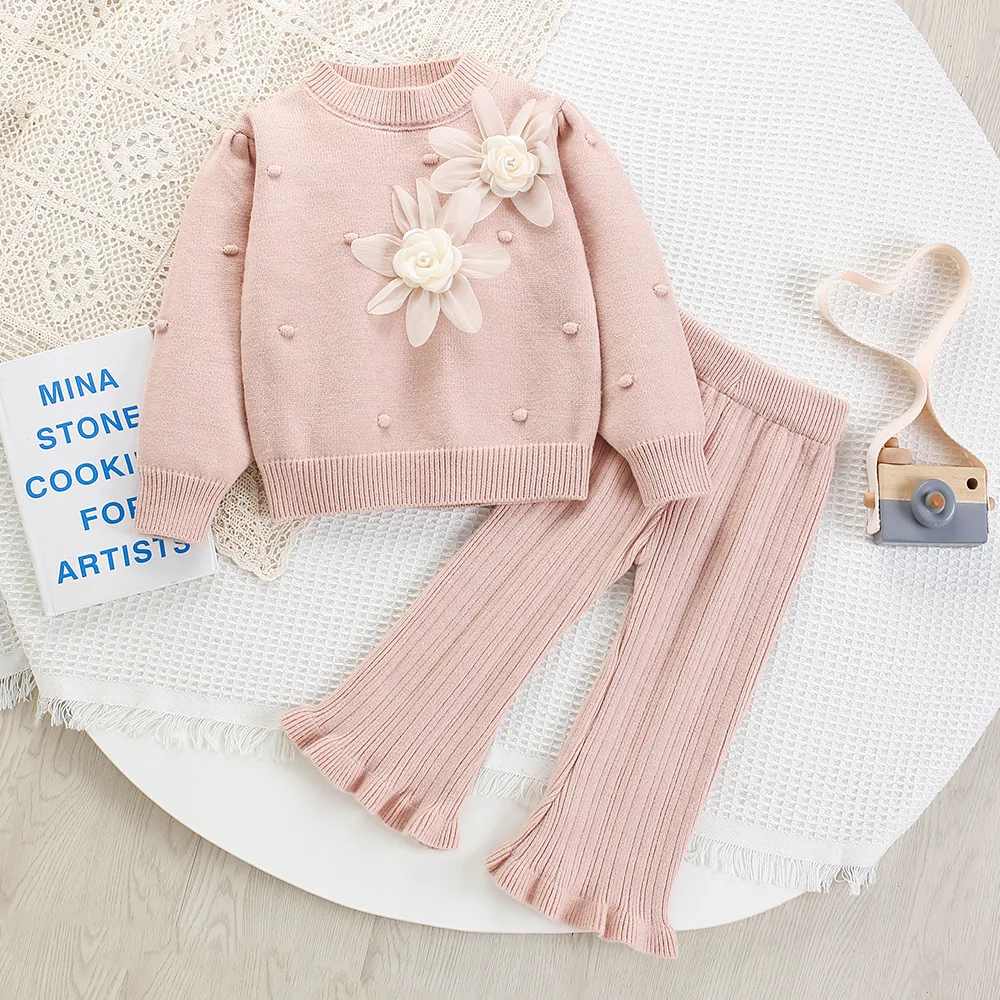 

Girls' Sweater Suit 2025 Autumn and Winter New Flower Knitted Pullover +Pant Sweet Two-piece Suit