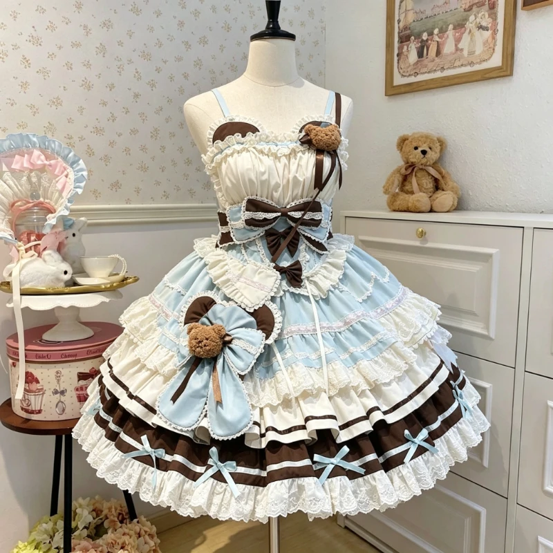 Japanese Sweet Lolita Strap Mini Dress Bear Decor Multi Bow Lace Ruffle Tiered Layer Skirt Kawaii Casual Streetwear Dress Women